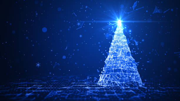 Christmas tree with shining light with particles, falling snowflakes, and stars, 3d Rendering blue background, Merry Christmas concept greeting card gifts.