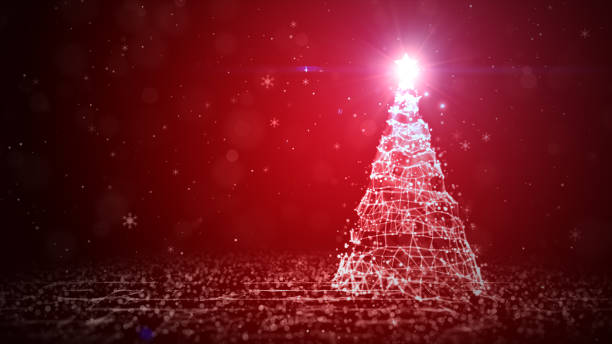 istock Christmas tree with shining light with particles, falling snowflakes, and stars, 3d Rendering red background, Merry Christmas concept greeting card gifts. 1441598304