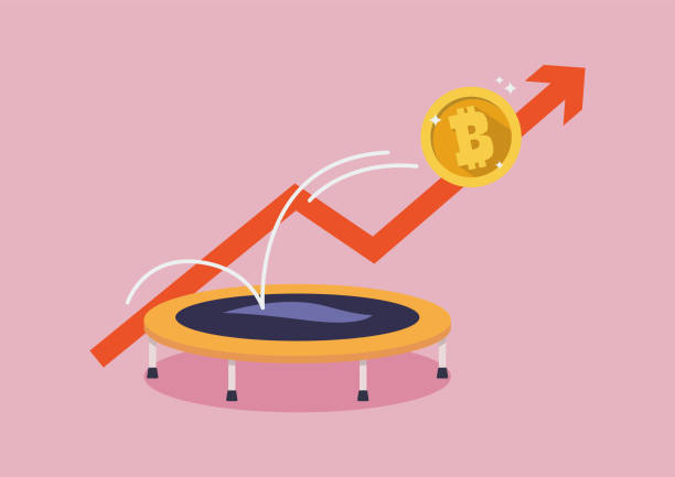 Golden bitcoin bounce back on the trampoline vector art illustration