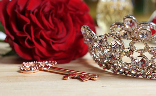 Red Rose with Key and Tiara on Dressing Table