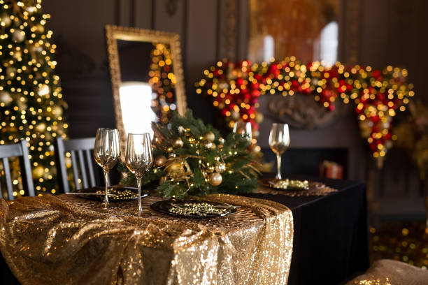 istock Beautiful table setting with Christmas decorations in living room 1441603311