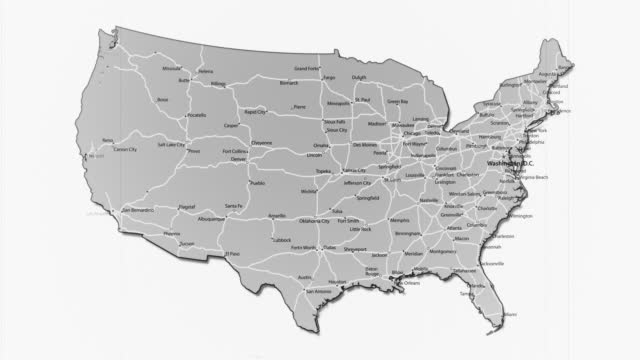 Gray USA map with cities, roads and railroads.