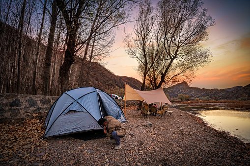 The campers camped in the riverside woodland in the evening