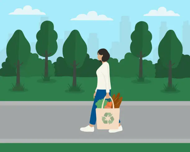 Vector illustration of Side View Of Walking Woman Carrying Recycled Shopping Bag With Fresh Food. Environmental Protection, Zero Waste And Sustainability Concepts