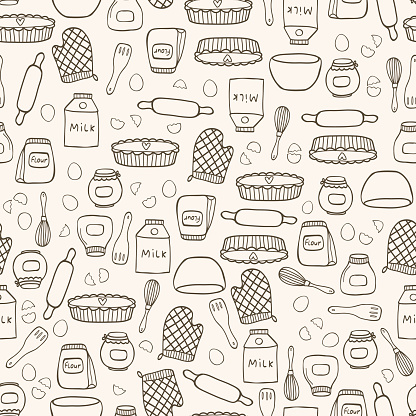 Vector seamless pattern with hand drawn food and kitchen items in doodle style on beige background
