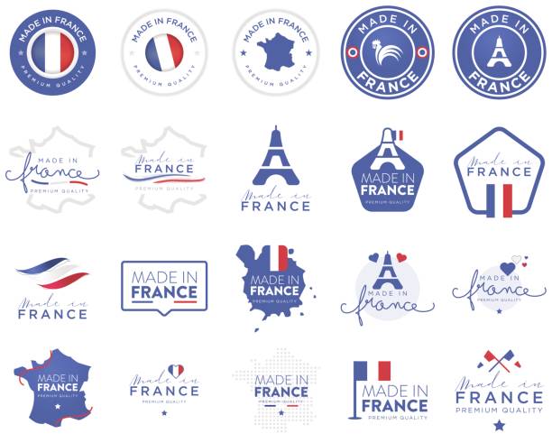 collection of badge logotype "made in france" with ribbon and flag on white background, for art template design, page, mockup brochure style, banner, idea, cover, booklet, print, flyer, book, card - yapmak stock illustrations