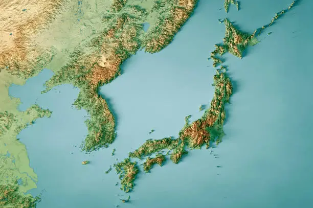 3D Render of a Topographic Map of Japan and the Korean peninsula.  
All source data is in the public domain.
Color texture: Made with Natural Earth.
http://www.naturalearthdata.com/downloads/10m-raster-data/10m-cross-blend-hypso/
Relief texture: GMTED 2010 data courtesy of USGS. URL of source image:
https://topotools.cr.usgs.gov/gmted_viewer/viewer.htm
Water texture: SRTM Water Body SWDB: https://dds.cr.usgs.gov/srtm/version2_1/SWBD/