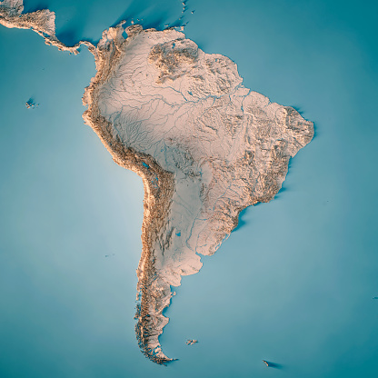 3D Render of a Topographic Map of South America.  
All source data is in the public domain.
Color texture: Made with Natural Earth.
http://www.naturalearthdata.com/downloads/10m-raster-data/10m-cross-blend-hypso/
Relief texture: GMTED 2010 data courtesy of USGS. URL of source image:
https://topotools.cr.usgs.gov/gmted_viewer/viewer.htm
Water texture: SRTM Water Body SWDB: https://dds.cr.usgs.gov/srtm/version2_1/SWBD/
