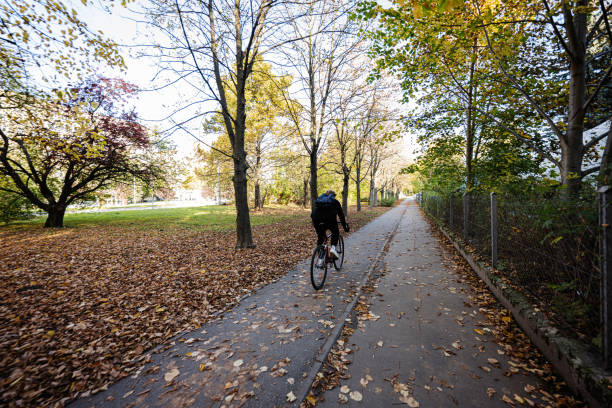 istock Guy rides in the autumn street, along the path. 1441609229