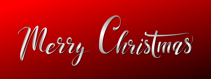 Greeting inscription Merry Christmas. The typography is made in the form of a white ribbon using an outer shadow. Isolated on a dark red background.