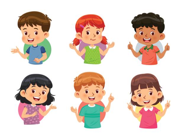 набор разных детей с различными позами. векторный мультфильм мальчиков и девочек на белом фоне - child smiley face smiling happiness stock illustrations
