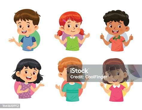 istock Set of Different Kids with various postures. Vector cartoon of boys and girls on white background 1441610912