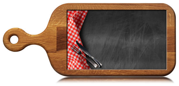 istock Wooden Cutting Board with a Blank Chalkboard Inside, Silver Cutlery and Checkered Tablecloth 1441611032