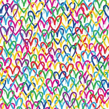 Vector illustration of colorful hearts graffiti. Spray-painted graffiti hearts Valentine's Day seamless pattern. Love and romance background.