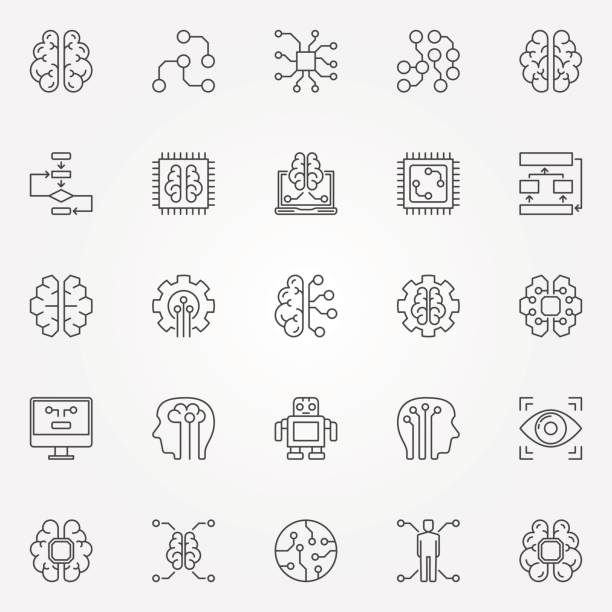 Artificial intelligence icons set. Vector robot, brain and other AI concept symbols in thin line style Artificial intelligence icons set. Vector robot, brain and other AI concept symbols or design elements in thin line style artificial intelligence icon stock illustrations