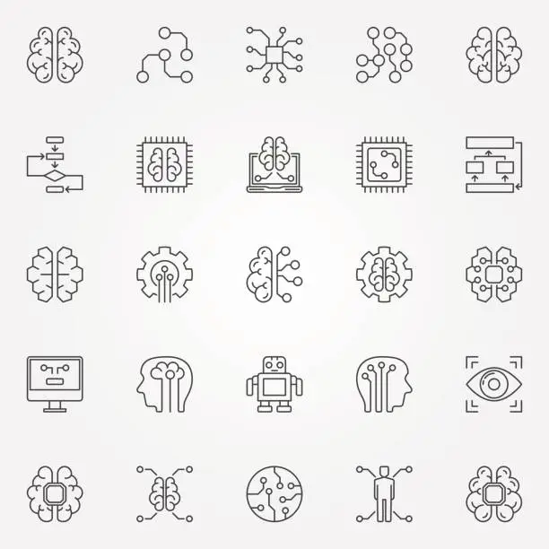 Vector illustration of Artificial intelligence icons set. Vector robot, brain and other AI concept symbols in thin line style