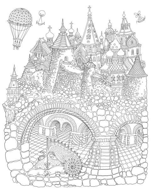 illustrations, cliparts, dessins animés et icônes de conte de fées souterrain dragon appartement troglodyte dans la vieille ville médiévale. page du livre de coloriage adultes en noir et blanc - picture book fairy tale castle dragon