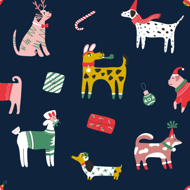 weihnachten nahtloses muster mit niedlichen hunden in weihnachtsmützen und schals. dackel, jack russell, terrier, dobermann. tiermuster, perfekt für kinder textil, kinderzimmerdekor, stoff, geschenkpapier. vektordarstellung. - christmas dachshund dog pets stock-grafiken, -clipart, -cartoons und -symbole