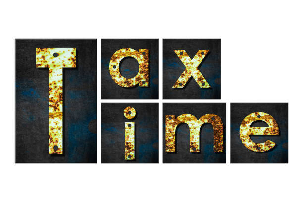 istock Tax time. Words made from rusty iron letters. Isolated on white background. Business. Design element. Business 1441614062