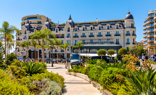 Monaco, France - August 2, 2022: Hotel de Paris at Place du Casino square at French Riviera coast in Monte Carlo district of Monaco Principate
