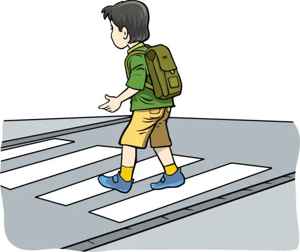 Vector illustration of Boy, pupil crossing road on crosswalk .