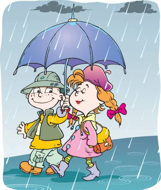 Vector illustration of Children under the umbrella. Rainy day.