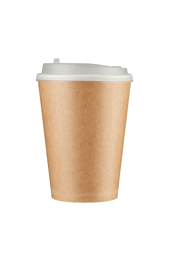 Brown paper coffee cup isolated on white background with clipping path. Real photo.