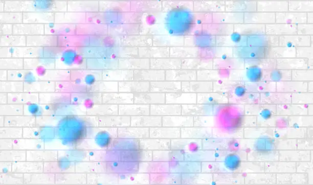 Vector illustration of Blue and purple bokeh lights on white brick wall