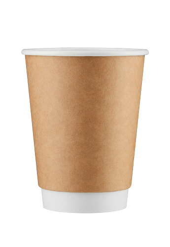 Brown paper coffee cup isolated on white background with clipping path. Real photo.