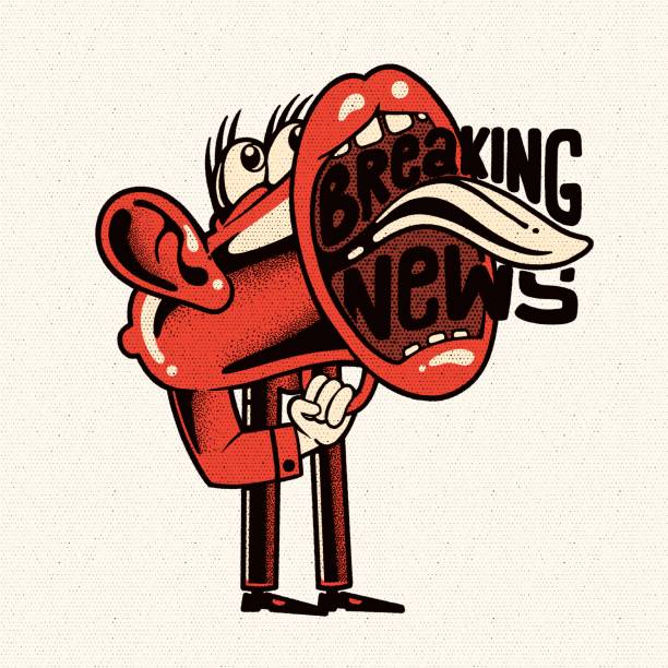 Breaking news megaphone character Cartoon megaphone character shouting breaking news newspaper seller stock illustrations