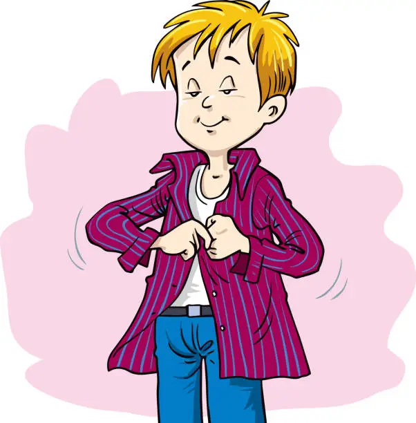 Vector illustration of The boy buttons up his shirt.