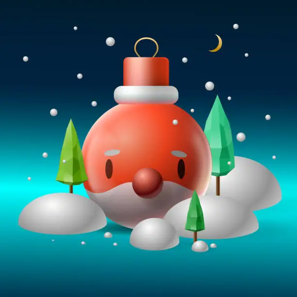 Vector illustration of Santa Claus snow globe and winter Christmas trees in snow. Christmas and New Year festive winter 3d composition in cartoon style. Vector illustration