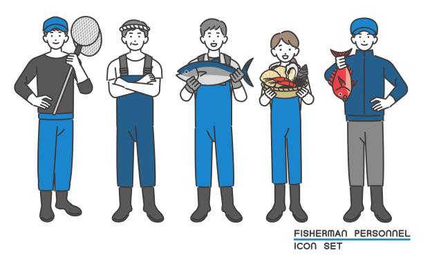 ilustrações de stock, clip art, desenhos animados e ícones de vector illustration material of fishermen and men and women related to the fishery industry with fish, shellfish, tamo nets, etc. / seafood / landing / primary industry - fishing village
