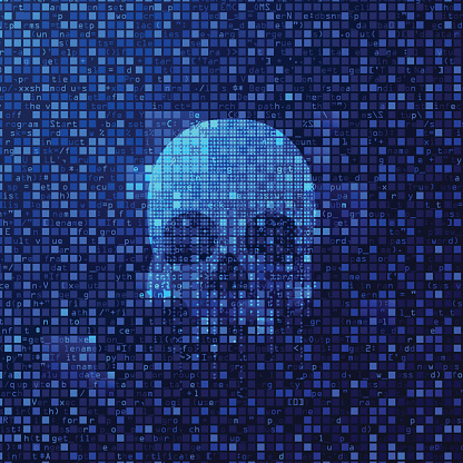 concept of cyber crime or cyber attack, graphic of skull with programming script background