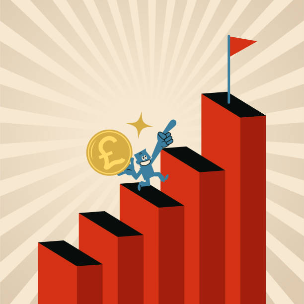 ilustrações de stock, clip art, desenhos animados e ícones de a businessman climbing up the growing chart steps and achieving his financial goals - british currency pound symbol finance recovery