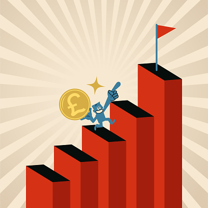 Blue Cartoon Characters Design Vector Art Illustration.
A businessman climbing up the growing chart steps and achieving his financial goals.