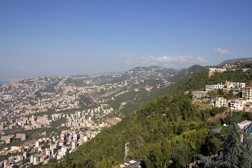 Aerial Panoramic view from top of Harissa Mountain for residential buildings at Jounieh bay, Jbeil Governorate of Lebanon