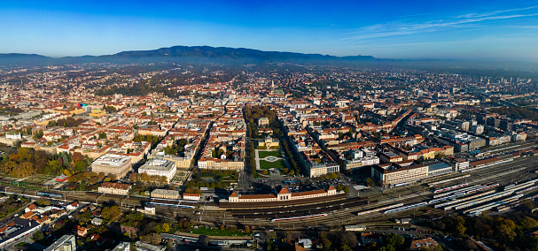 Aerial view around the downtown of the city Zagreb in Croatia on a sunny morning autumn day