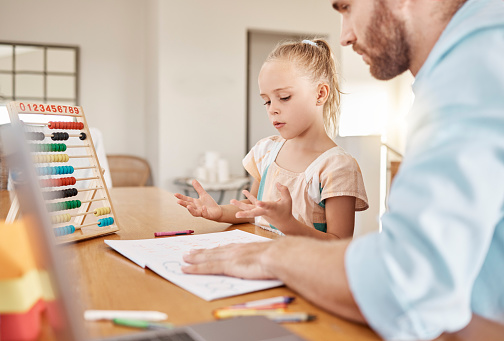 Education, homeschooling and learning of a father and child teaching maths with abacus at home. Daughter counting on fingers with dad helping with homework in mathematics or problem solving activity