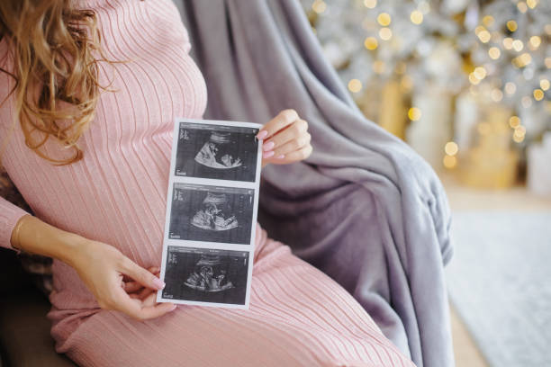 Pregnant with photo of her Ultrasound Closeup of a pregnant woman in a pink dress holds pictures ultrasound scan baby scan picture against the backdrop of a Christmas tree. Motherhood, pregnancy, ultrasound black and white baby scan first ultrasound stock pictures, royalty-free photos & images