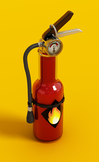 Spicy hot chilli sauce bottle with fire extinguisher parts isolated on yellow. Very hot sauce concept.