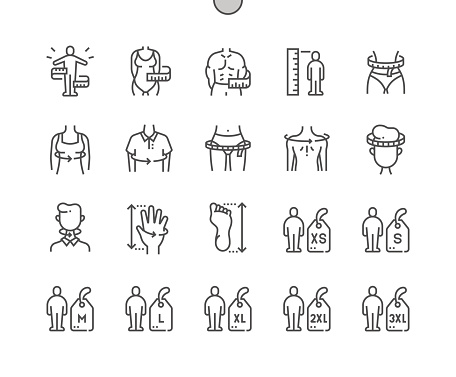 Body measurement. Clothes size. Waist circumference, hip, chest, sleeve length, height. Pixel Perfect Vector Thin Line Icons. Simple Minimal Pictogram