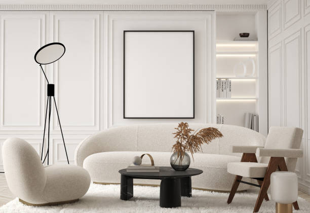 istock mock up poster frame in modern interior background, interior space, living room, Contemporary style, 3D render, 3D illustration 1441629156