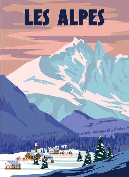 ilustrações, clipart, desenhos animados e ícones de cartaz da estação de esqui les alpes, retro. cartão de viagem mont blanc winter - trois vallees illustrations
