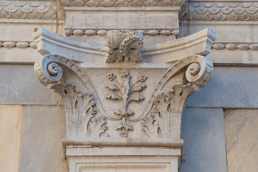 Classical marble pillars on the facade of a building, Athens Greece