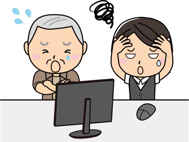 A woman who makes a troubled face after failing in front of a computer and a crying grandfather / illustration material (vector illustration) A woman who makes a troubled face after failing in front of a computer and a crying grandfather / illustration material (vector illustration) clip art of a old man crying stock illustrations