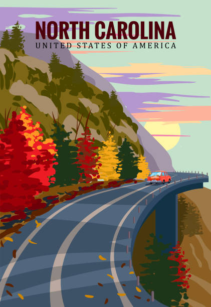 North Carolina travel vintage poster, autumn road, car, mountains. Retro illustration, fall seasone vector