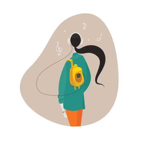 Vector illustration of Women wearing headphones in back view, listening to music, and walking.