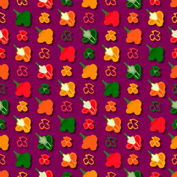 Vector illustration of Seamless pattern with red, green, yellow, and orange scotch bonnet peppers. Capsicum chinense. Hot chili pepper. Vegetables. Vector illustration isolated on purple background. Flat style.