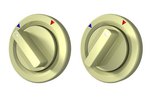 A close up of the rotary switch. A pair of on and off. A simple switch. 3d rendering. white background.